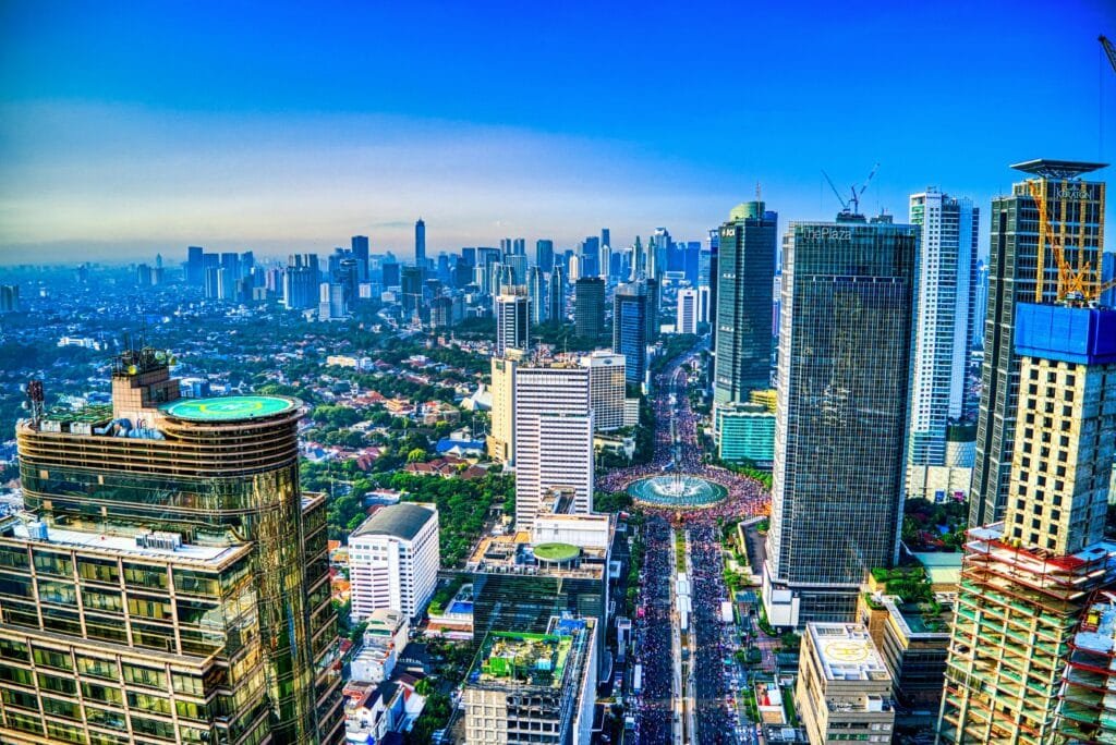 A breathtaking aerial view showcasing Jakarta's modern skyline and vibrant cityscape.